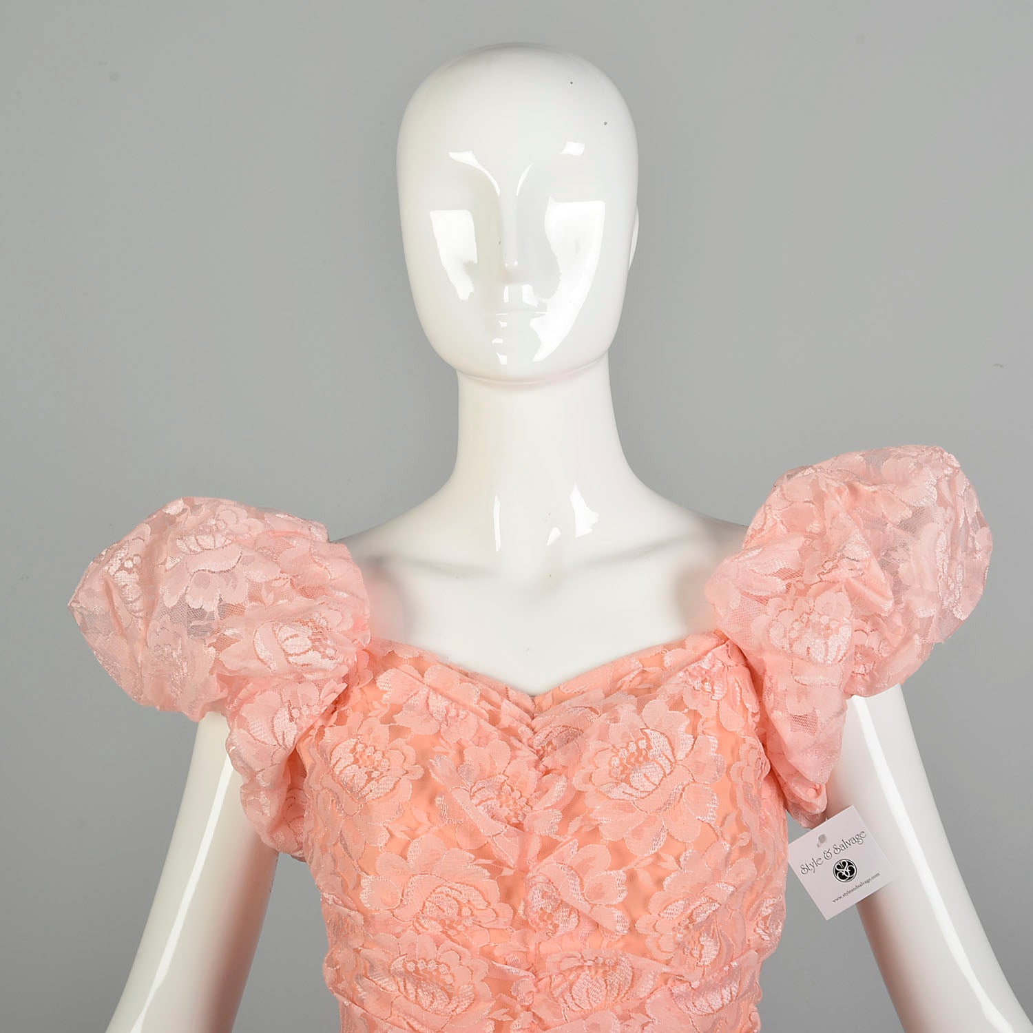 Medium 1980s Pink Lace Puff Sleeve Trumpet Skirt Formal Evening Prom Dress