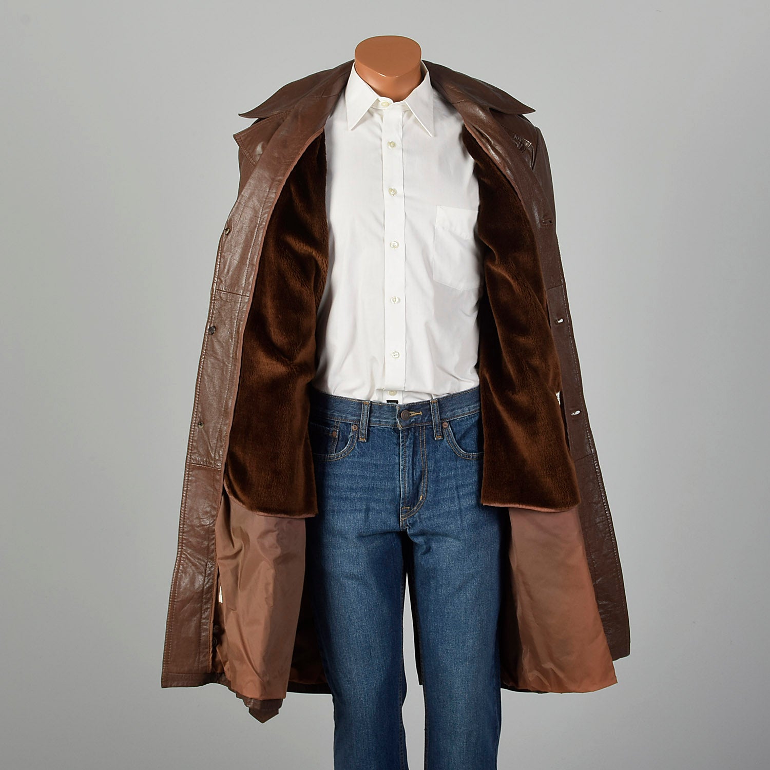 Medium-Large 1970s Brown Leather Trench