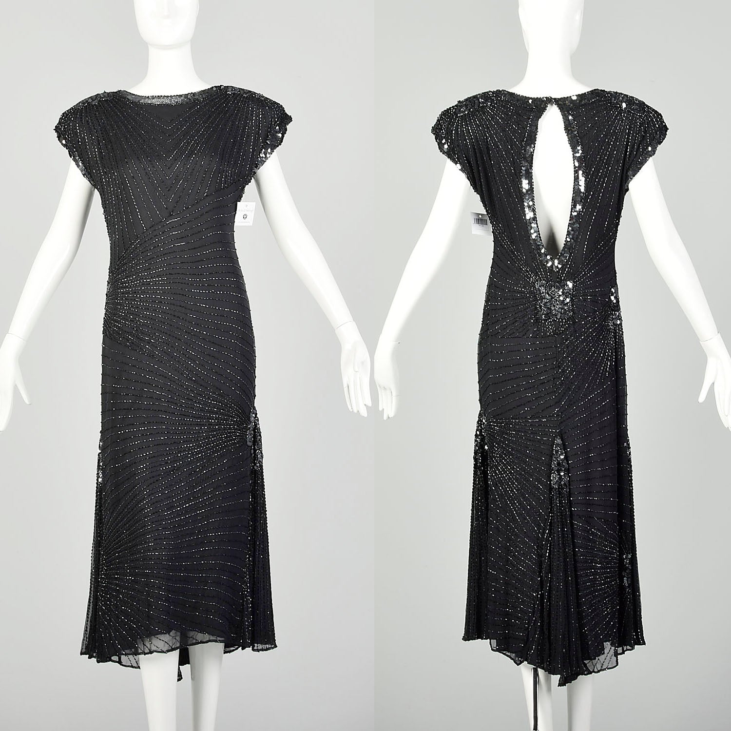 Medium 1980s Black Silk Beaded Dress Cocktail Party Keyhole Back