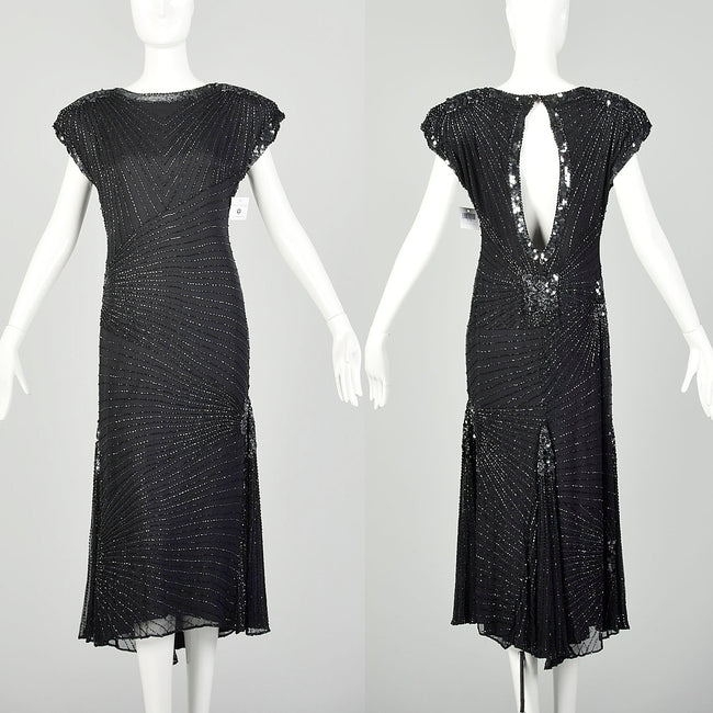 Medium 1980s Black Silk Beaded Dress Cocktail Party Keyhole Back
