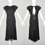 Medium 1980s Black Silk Beaded Dress Cocktail Party Keyhole Back