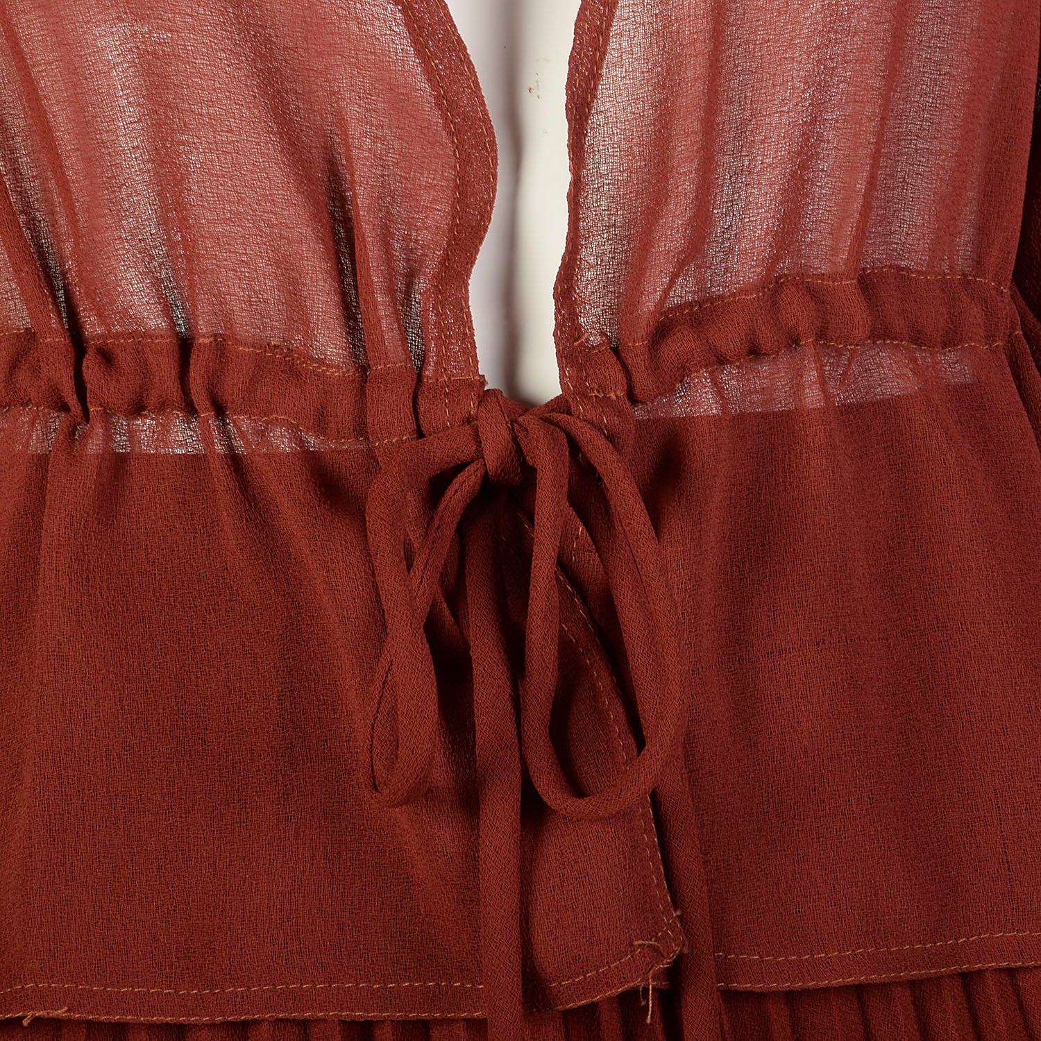 Small Rust Separates 1970s Sheer Blouse Pleated Skirt Low Cut Deep V Neckline Bohemian Set
