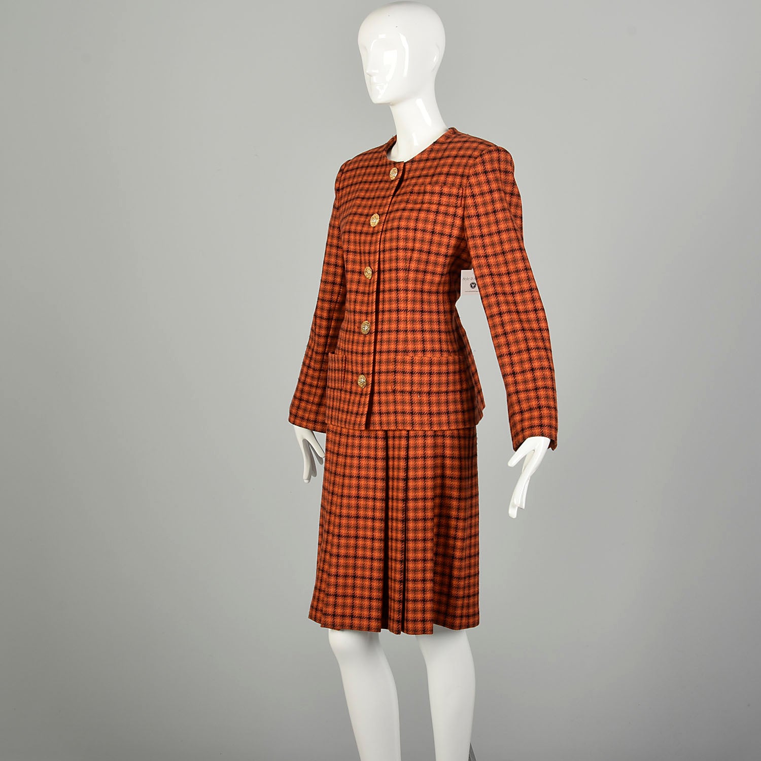 Large 1990s Givenchy Houndstooth Plaid Ensemble Orange Autumn Tweed Wool 2 Piece Skirt Suit