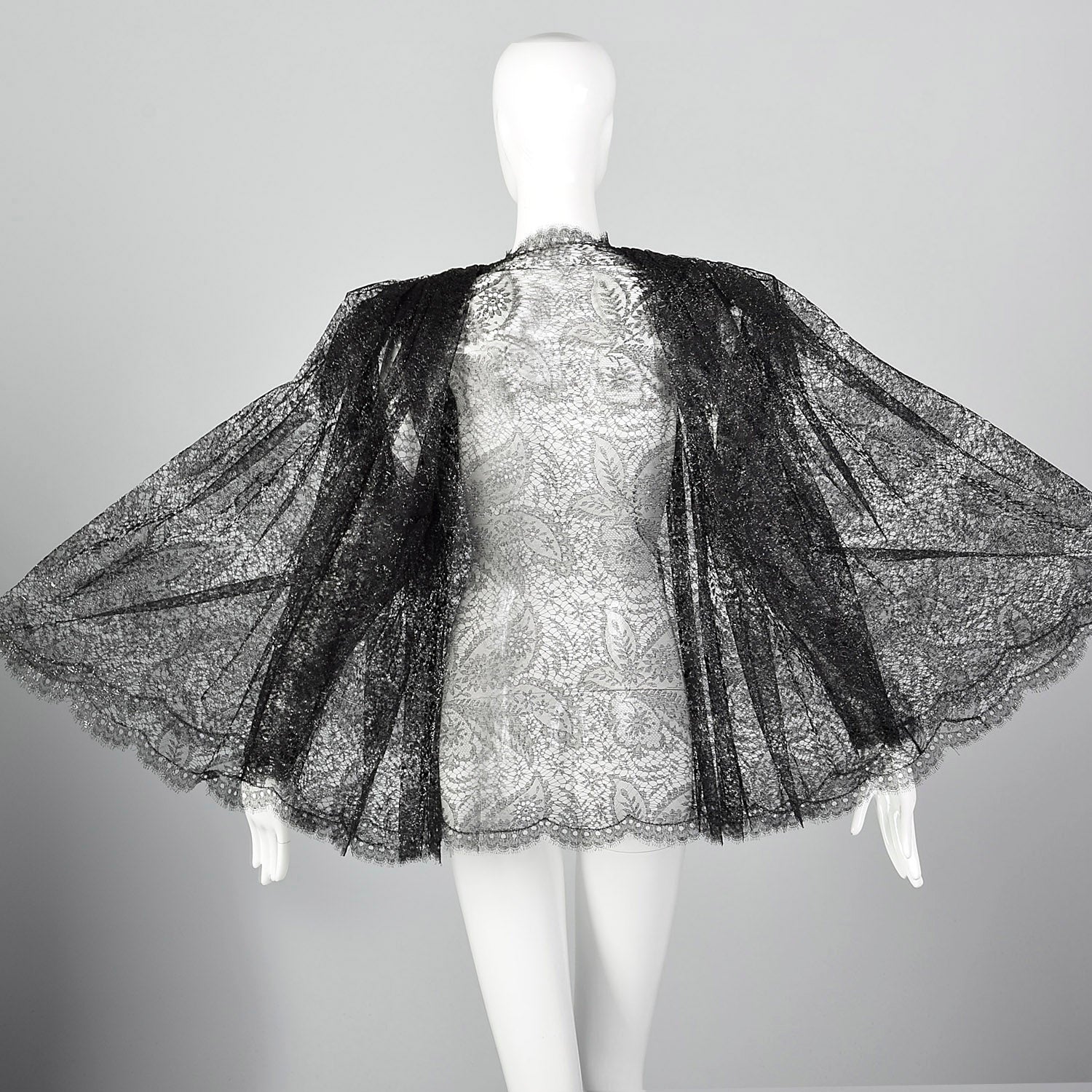 1980s Black & Silver Lace Swing Coat Galanos