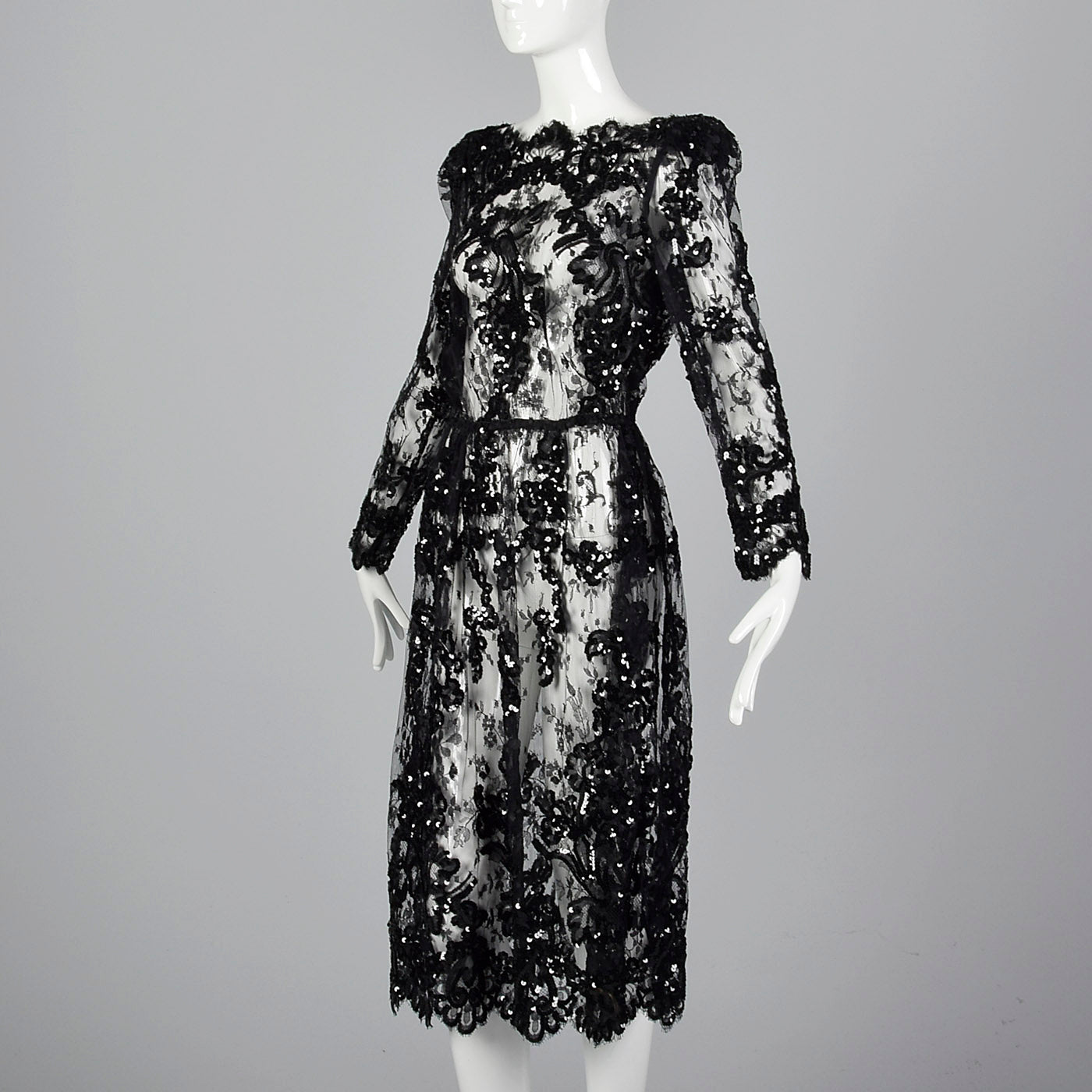 1980s Sheer Black Lace Dress with Sequins & Scalloped Hem