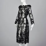 1980s Sheer Black Lace Dress with Sequins & Scalloped Hem