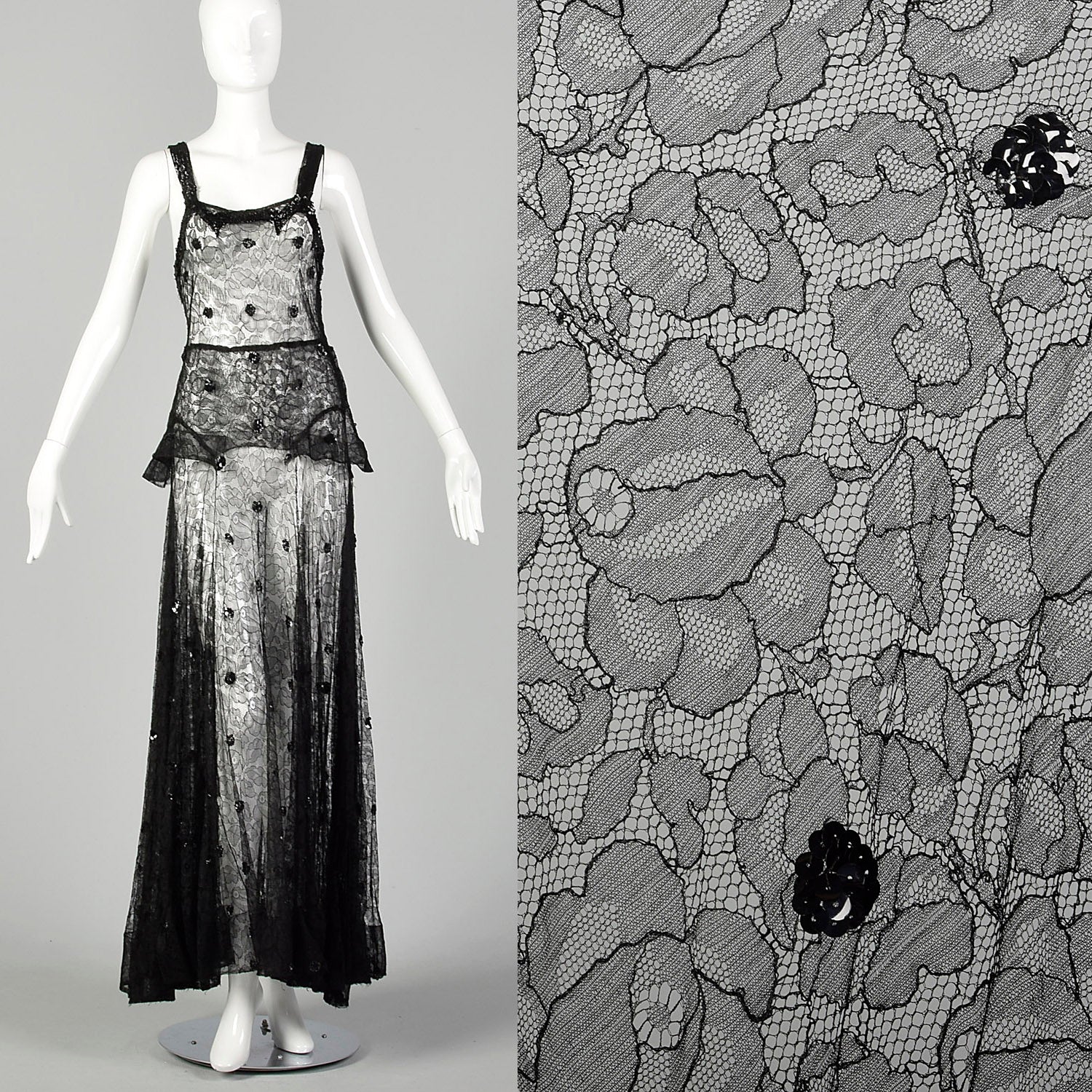 Small 1930s Black Lace Peplum Dress Sheer Sleeveless Gown