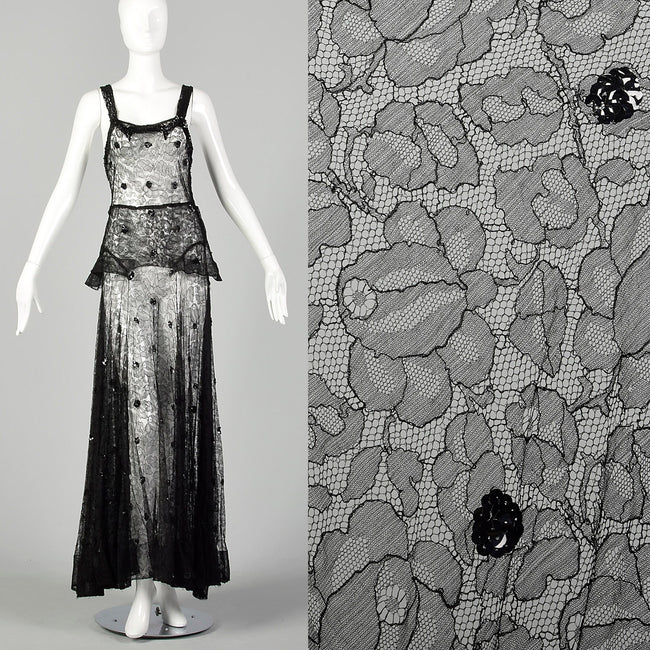 Small 1930s Black Lace Peplum Dress Sheer Sleeveless Gown