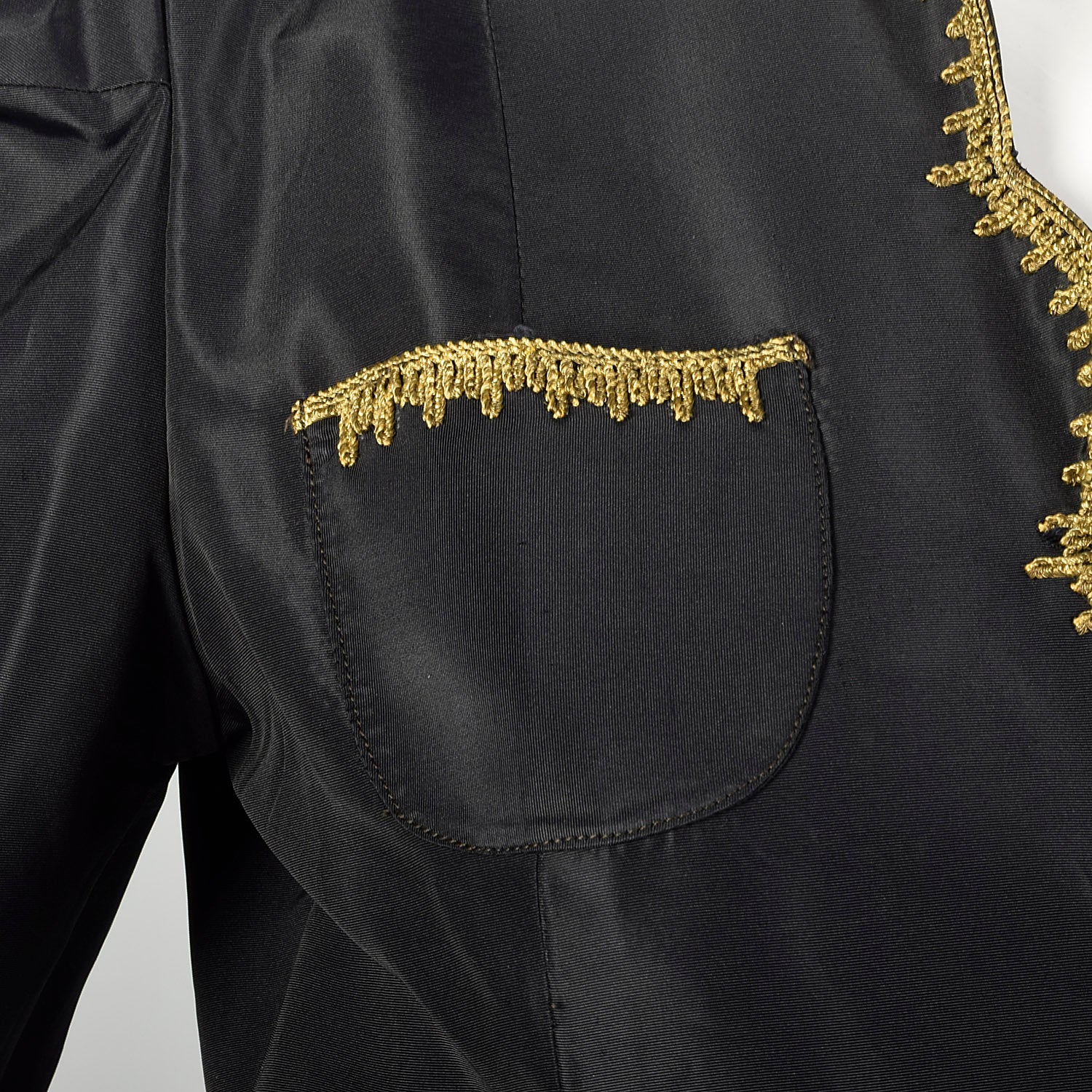 XS 1940s Jacket Black Taffeta Tie Waist Scallop Edge Gold Trim Embroidery Evening Jacket