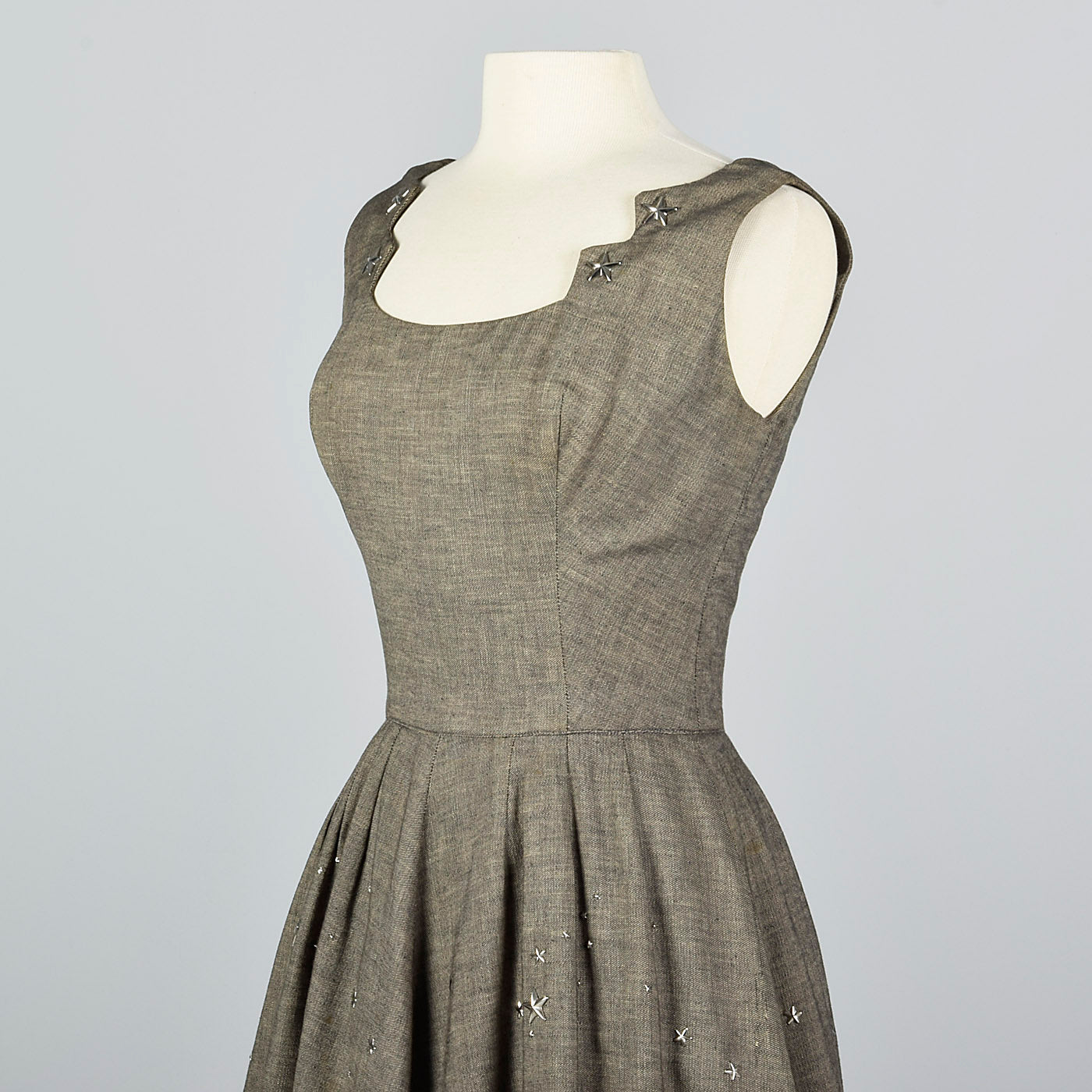 1950s Black Linen Dress with Silver Star Studs