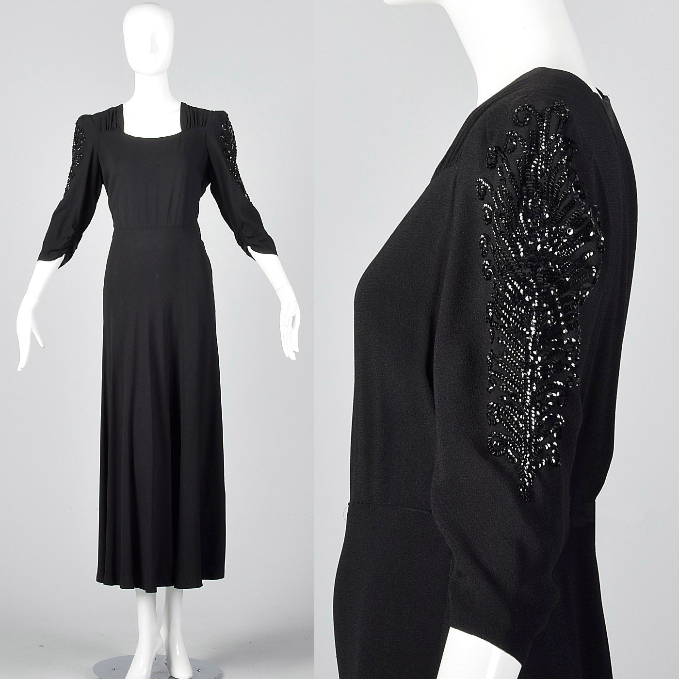 1940s Black Crepe Gown with Sequin Sleeves