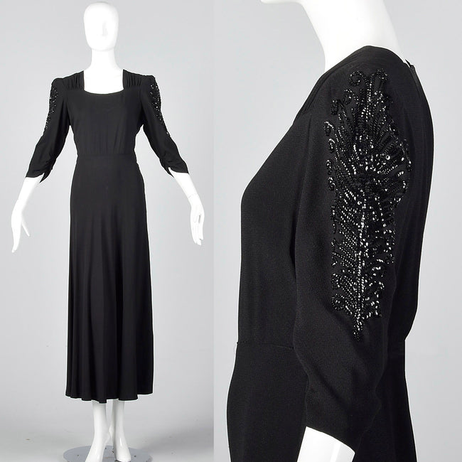 1940s Black Crepe Gown with Sequin Sleeves