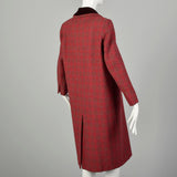 Medium 1960s Coat Red Tweed Wool Plaid Winter Jacket Velvet Collar