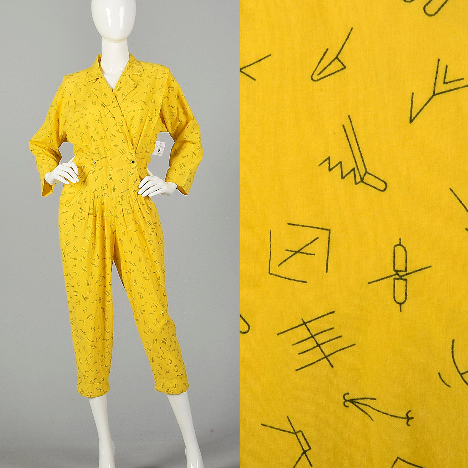 Small Yellow Jumpsuit 1980s Bright Cotton Bold Novelty Print Capri