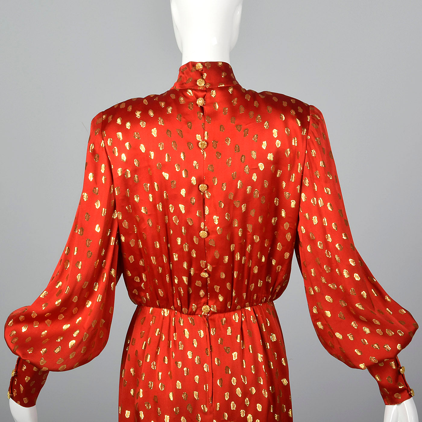 1980s Guy Laroche Red Silk Pencil Dress with Metallic Gold Design