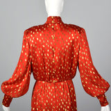 1980s Guy Laroche Red Silk Pencil Dress with Metallic Gold Design