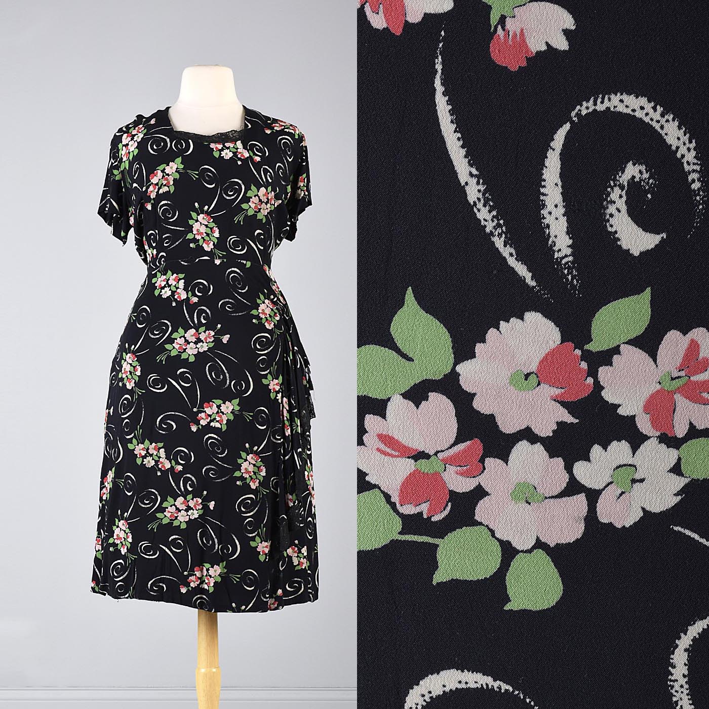 1940s Black Rayon Dress with Floral Print and Hip Sash