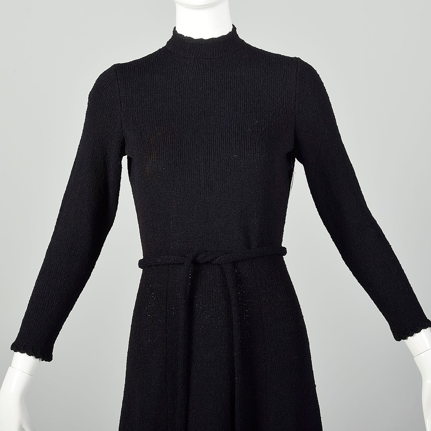 Medium 1970s Black Dress Yellow Floral Embroidery Long Sleeve Tie Waist Knit