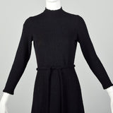 Medium 1970s Black Dress Yellow Floral Embroidery Long Sleeve Tie Waist Knit