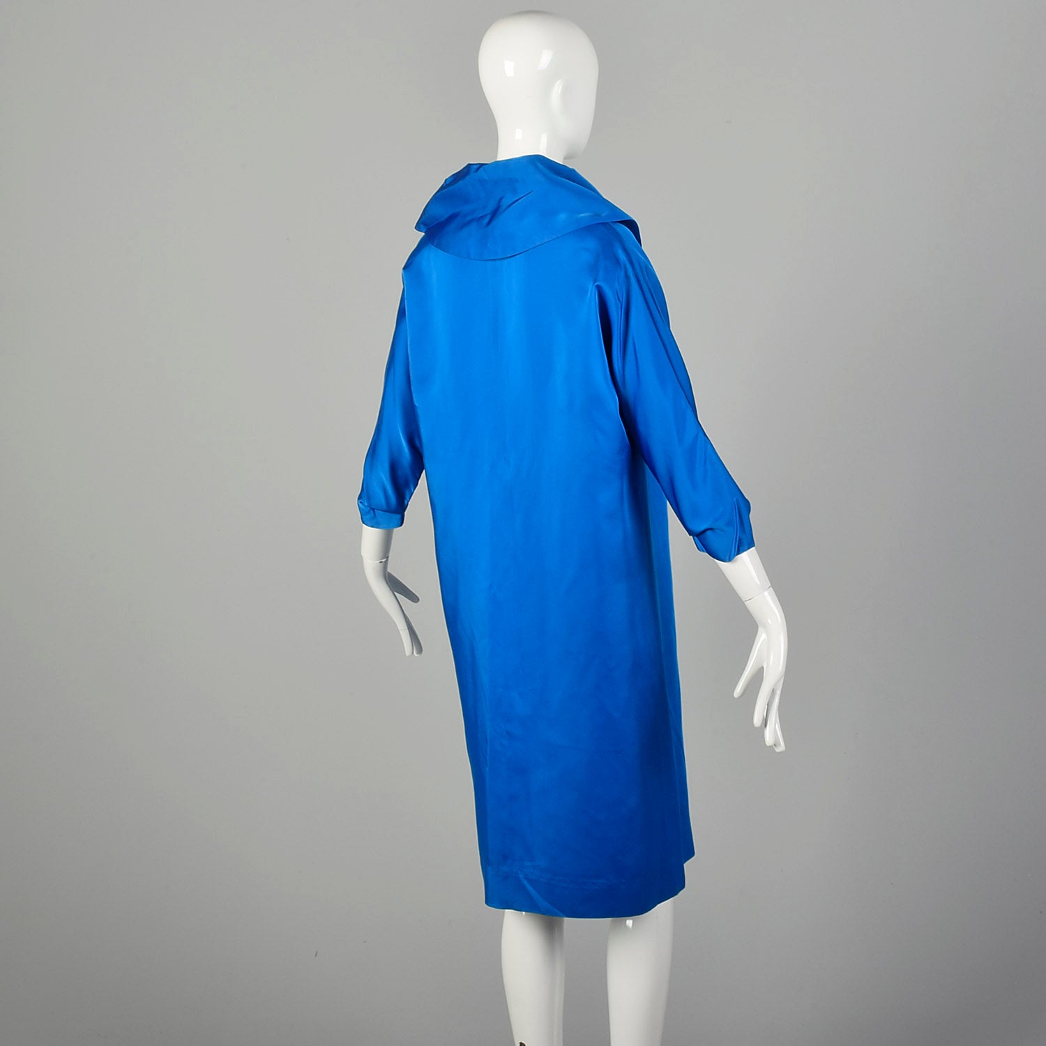 Small 1950s Clutch Coat Blue Satin Bracelet Cuff Wide Collar Batwing Sleeves