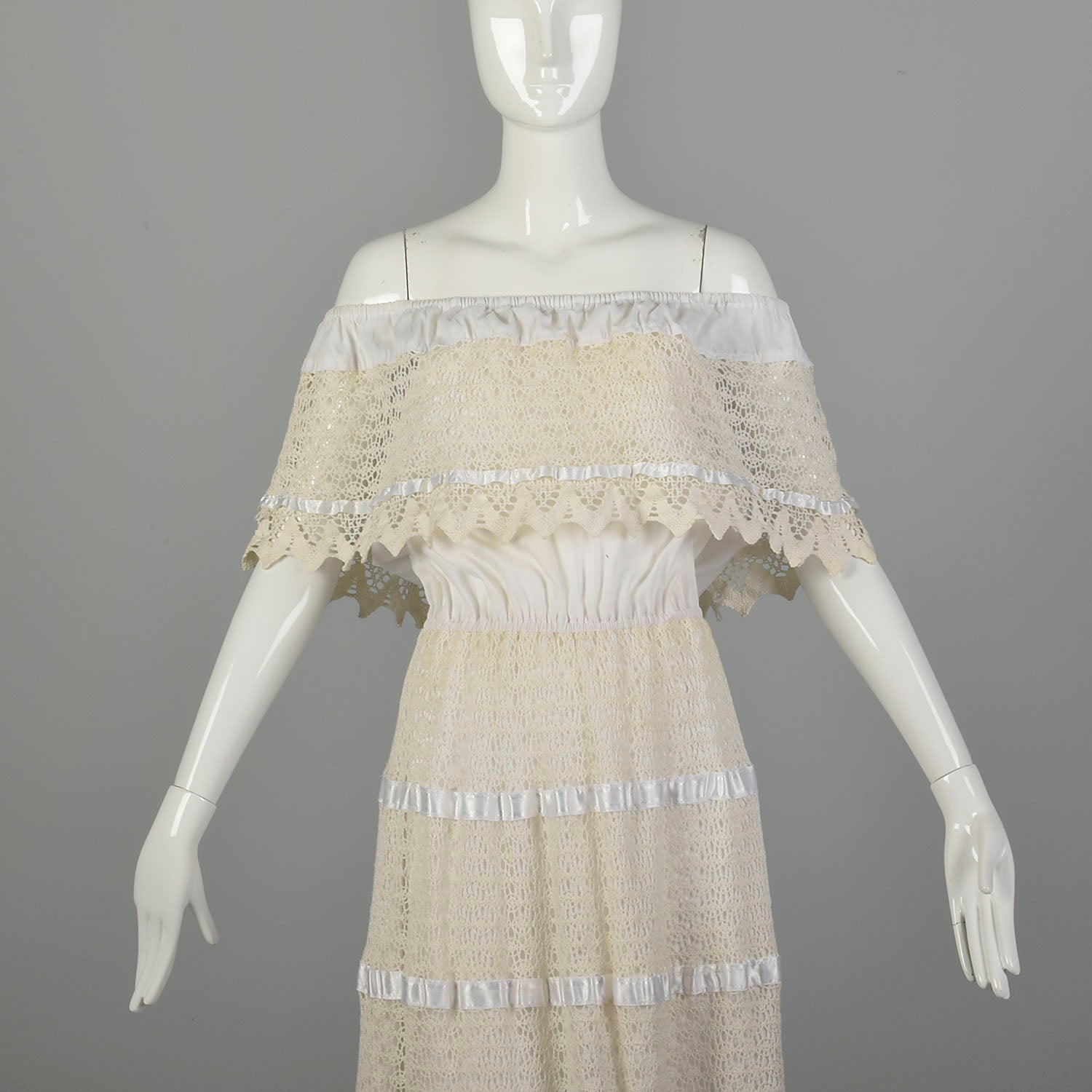 1970s Large Summer White Lace Off Shoulder Boho Dress