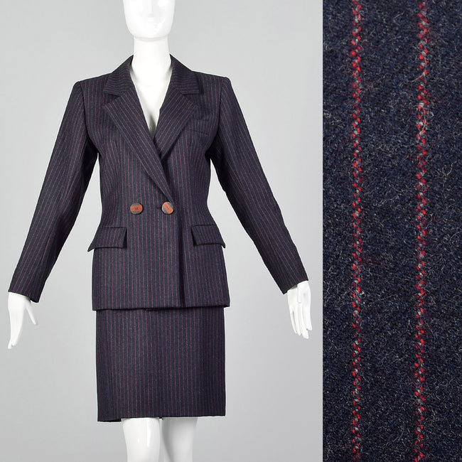 1990s Yves Saint Laurent Navy Blue Wool Striped Skirt Suit