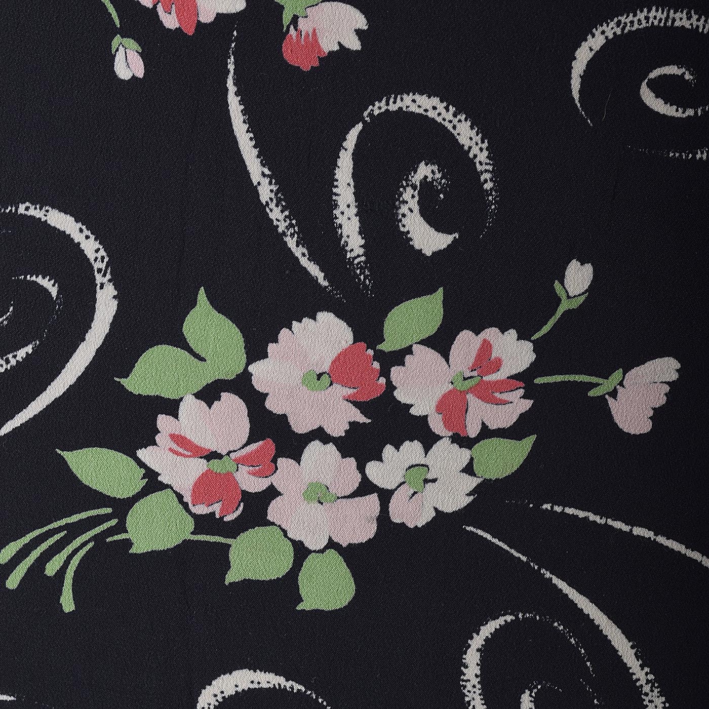 1940s Black Rayon Dress with Floral Print and Hip Sash