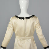 1960s Mollie Parnis White Satin Dress with Black Trim