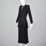 1940s Black Rayon Dress with Silver Beaded Monogram