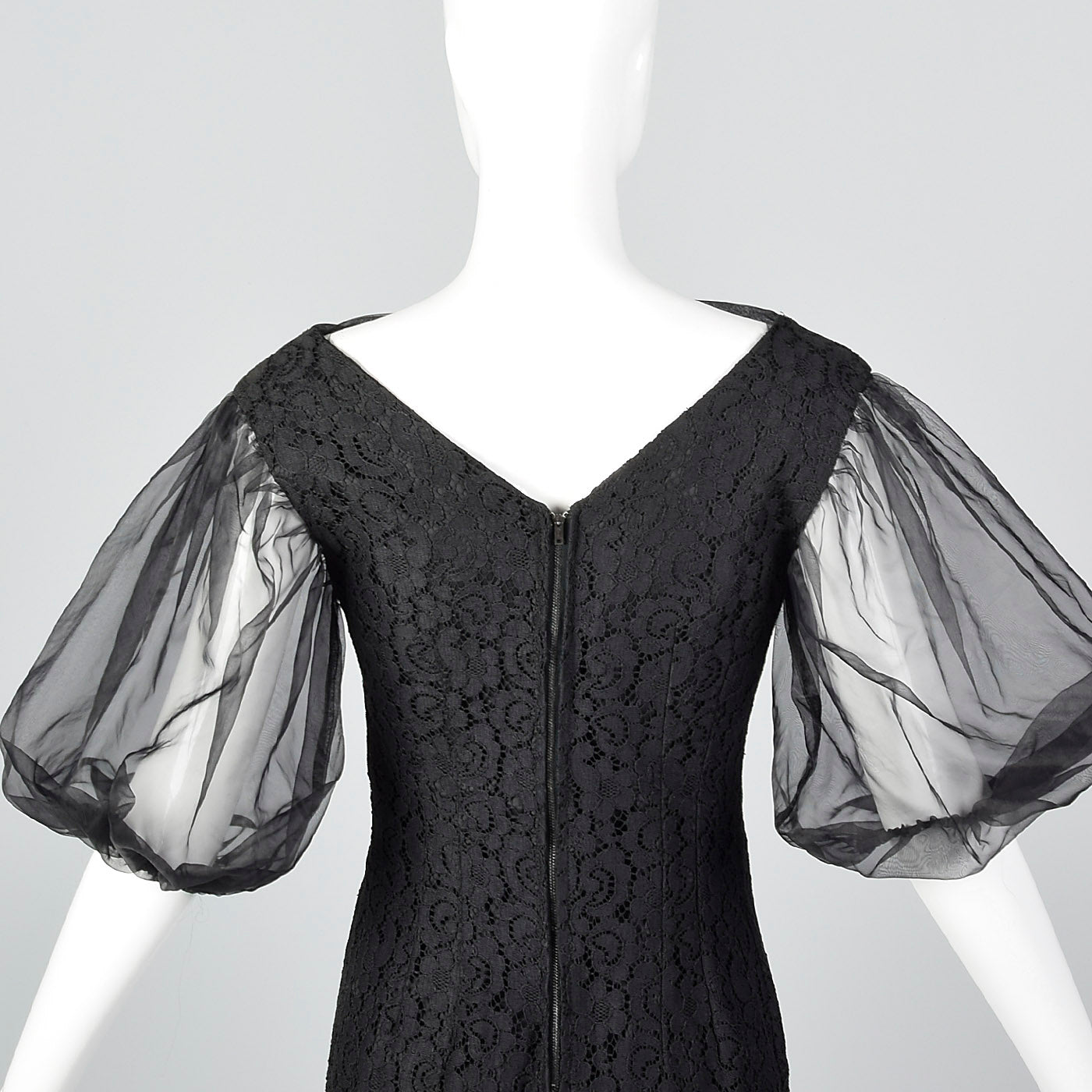 1960s Lace Overlay Shift Dress with Sheer Poof Sleeves