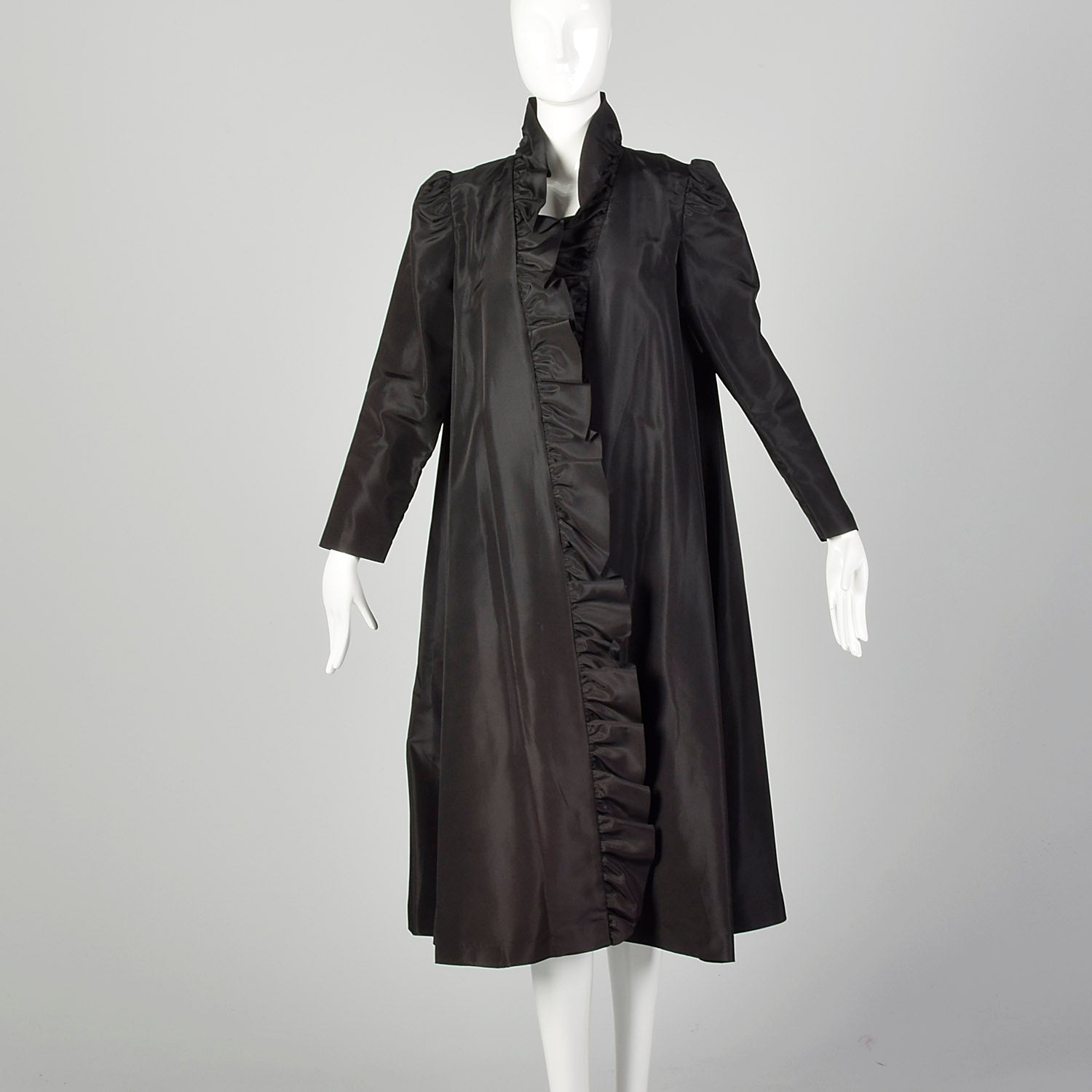 XS 1980s Black Taffeta Wrap Coat Lightweight with Ruffle Trim