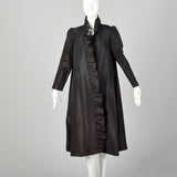 XS 1980s Black Taffeta Wrap Coat Lightweight with Ruffle Trim
