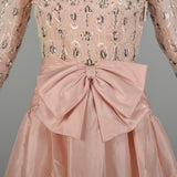 XS 1980s Victoria Royal Evening Gown Hi-Lo Skirt Beaded Pearl Bodice Pink Taffeta