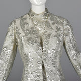 1970s Silver Brocade Maxi Dress with Matching Maxi Vest