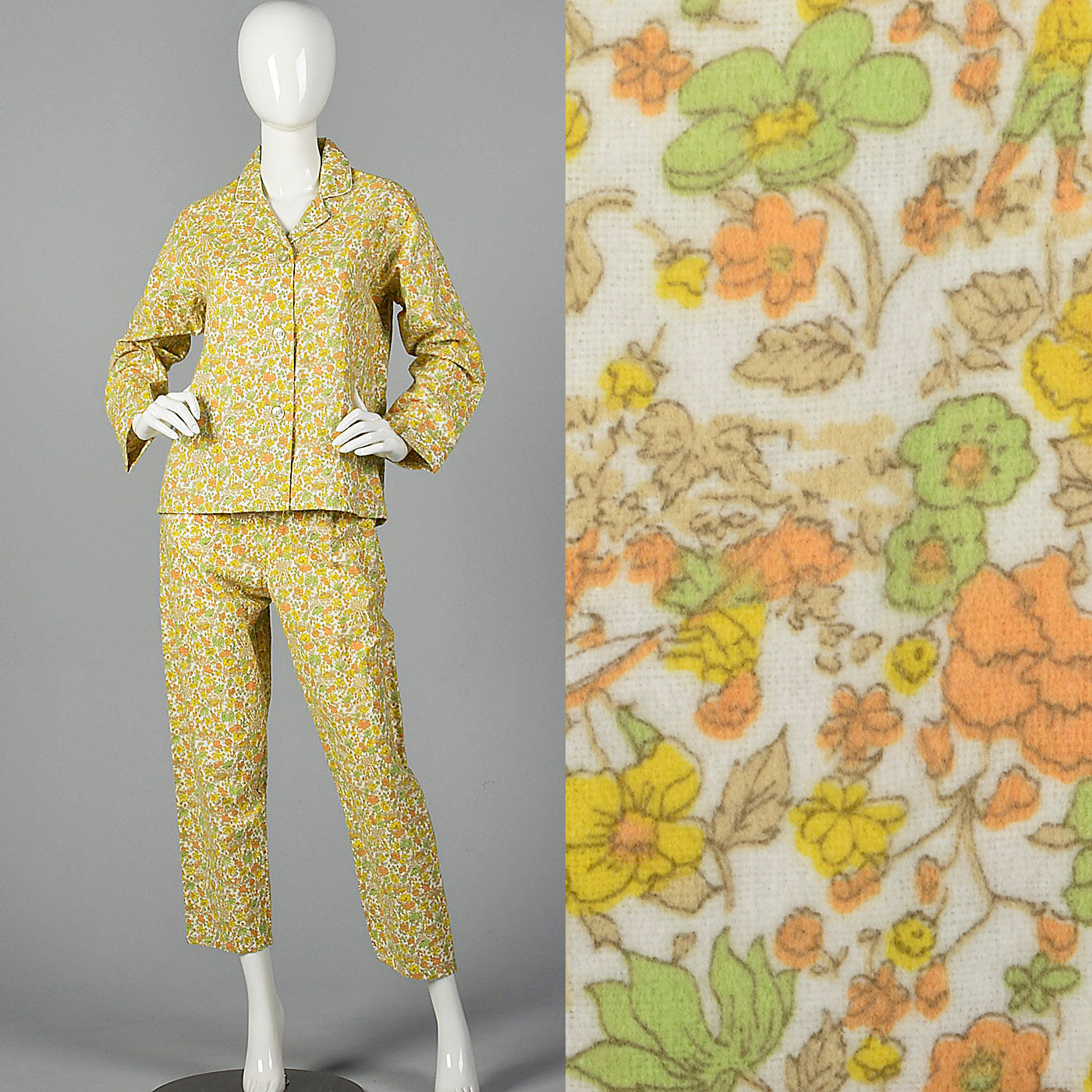 1960s Flannel PJ Set in Orange Floral Print