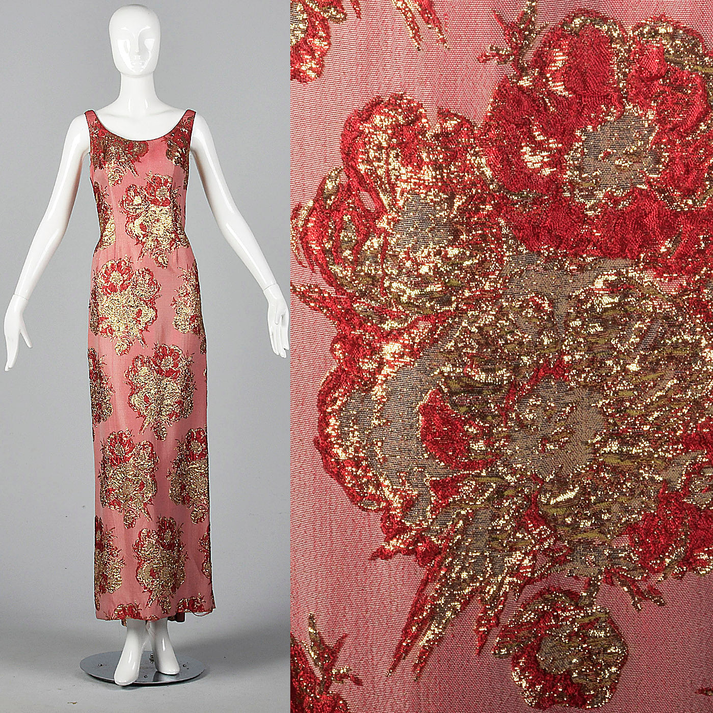 1960s Red and Gold Brocade Evening Dress