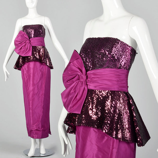 1980s Mignon Fuchsia Taffeta Dress with Sequined Bodice