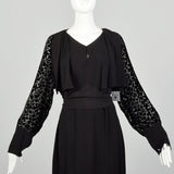 XL 1930s Dress Black Devore Velvet Sleeves Art Deco Long Sleeve LBD
