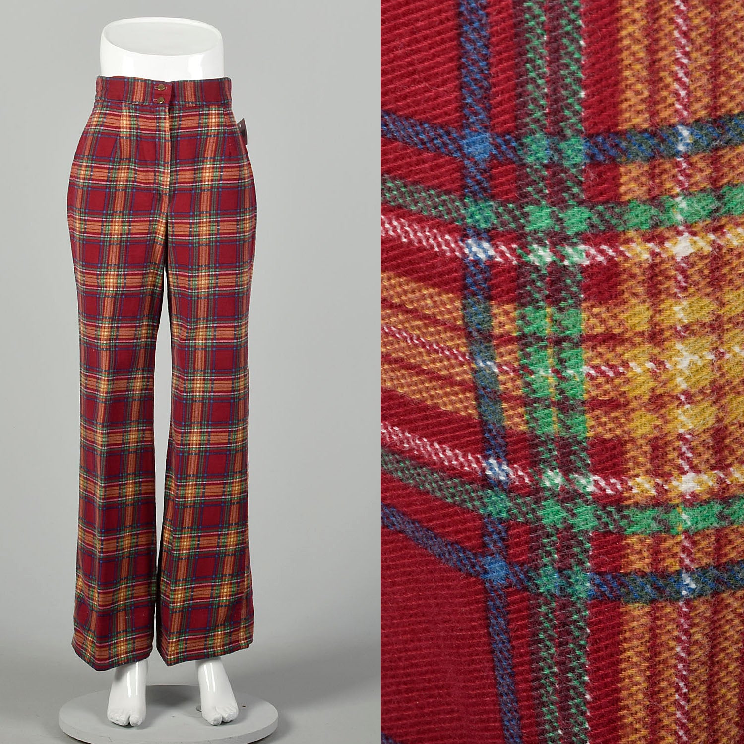 Small 1970s Flannel Bell Bottom Pants Plaid Wide Leg Jeans