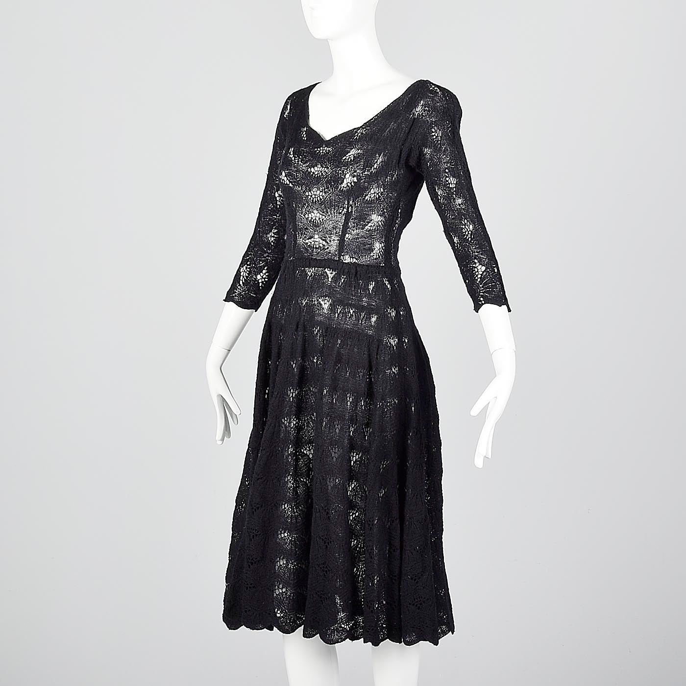 1950s Sexy Black Crochet Cocktail Dress with Full Skirt