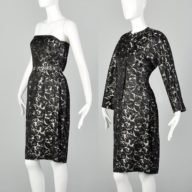 Medium Guy Laroche 1980s Silver and Black Brocade Skirt Jacket Top Set