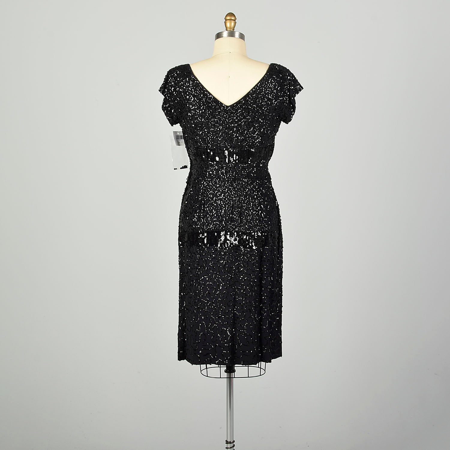 Medium 1950s Black Sequin Dress Evening Sheath LBD Cocktail Party Little Black Dress