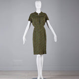 1940s Green Day Dress with Pink Floral Print