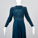1930s Blue Velvet Gown with Gathered Bodice