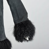 XL 1990s Fur Trimmed Winter Jacket Mongolian Lamb Black Suede Leather Car Coat