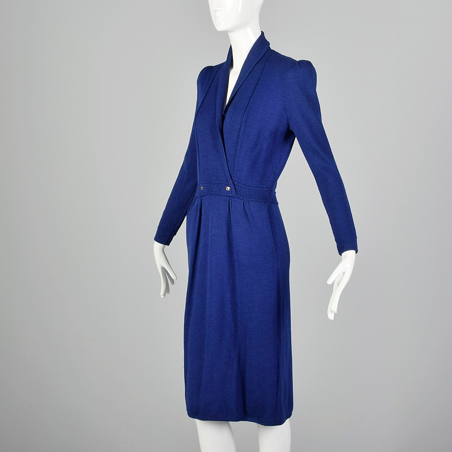 St. John 1980s Blue Faux Wrap Knit Dress