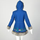Small 1960s Mod Blue Novelty Coat Faux Fur with Inuit Embroidery