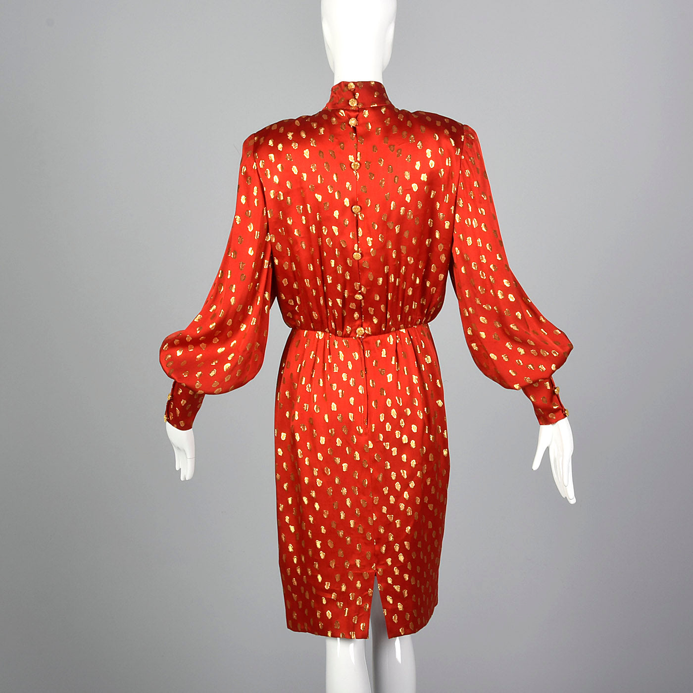 1980s Guy Laroche Red Silk Pencil Dress with Metallic Gold Design