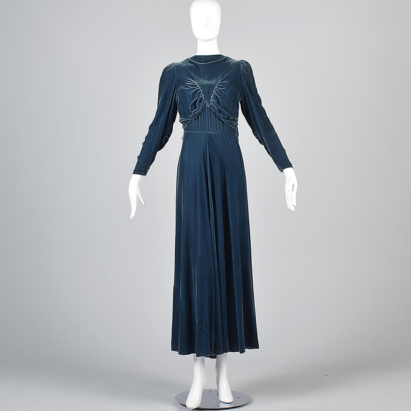 1930s Blue Velvet Gown with Gathered Bodice