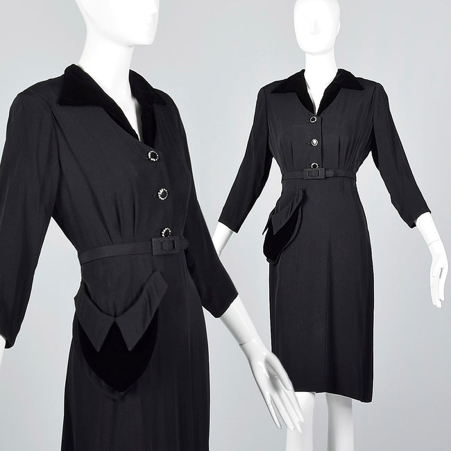 1950s Black Dress with Velvet Collar and Pockets